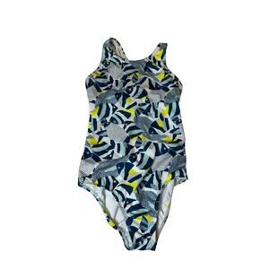 LANDS END GIRLS ONE PIECE SWIMSUIT SIZE 12S Fish White Blue Yellow